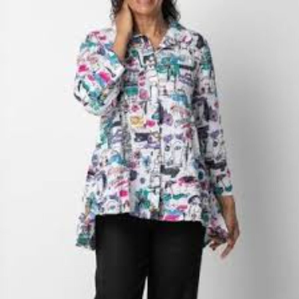 Habitat Tunic Womens Size XXL Paris Miami Abstract Print Crinkle Art-To-Wear Top
